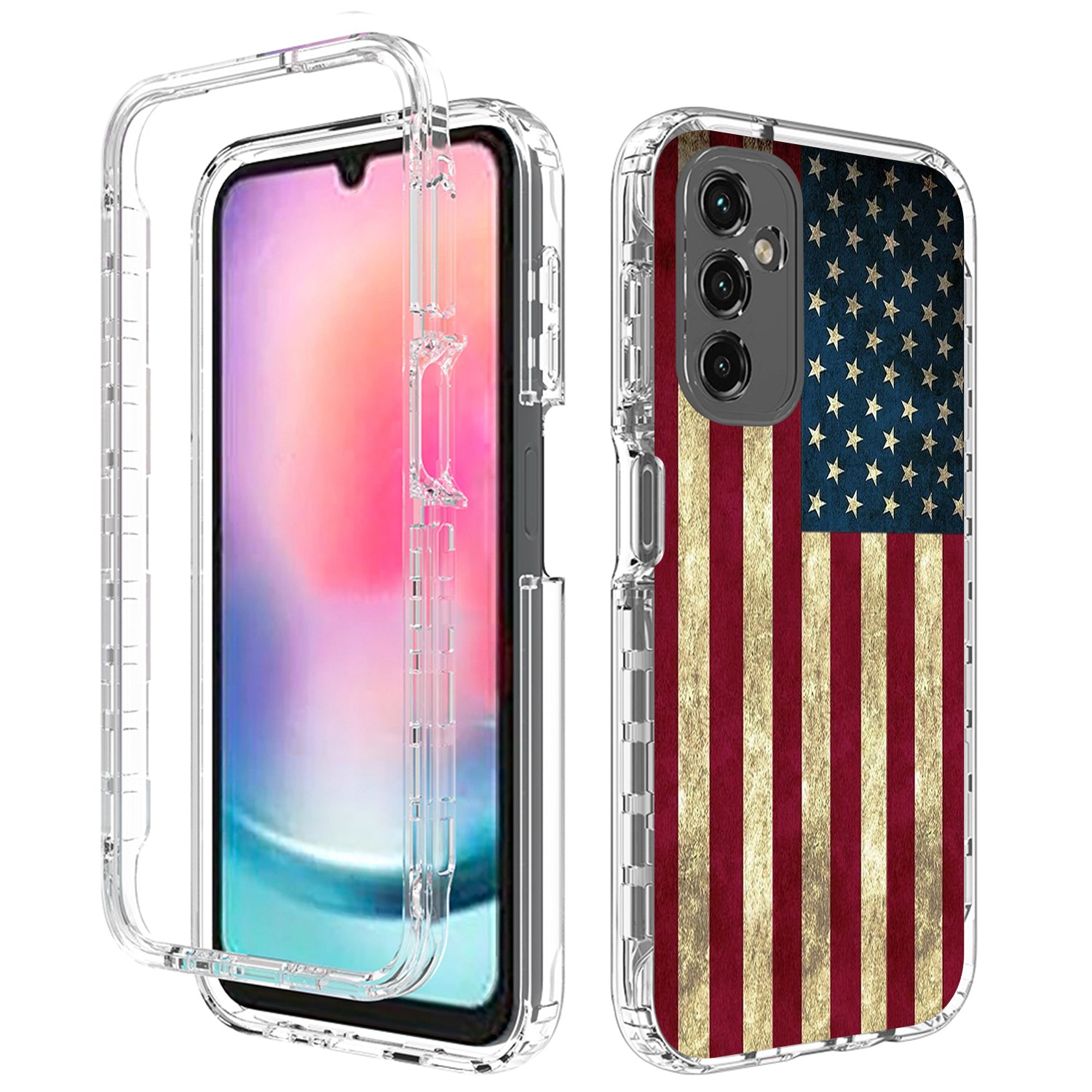 Uniqkart for Samsung Galaxy A24 4G Pattern Printing Phone Case PC Frame + TPU Transparent Phone Cover - American Flag Uniqkart for Samsung Galaxy A24 4G Pattern Printing Phone Case PC Frame + TPU Transparent Phone Cover - American Flag